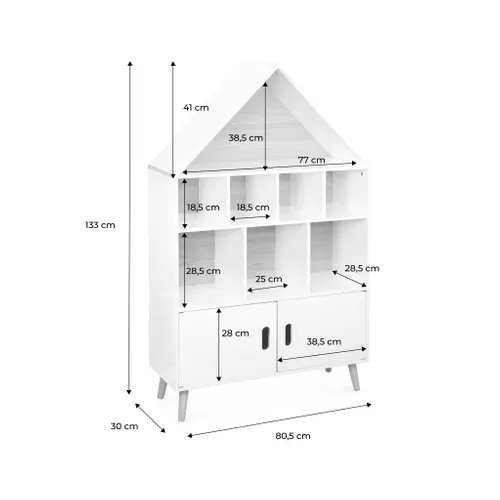 Étagère bibliothèque maison blanche pour enfant avec compartiments de rangement.