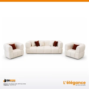 Salon boucle 3 pièces crème – canapé et 2 fauteuils, Tunisie