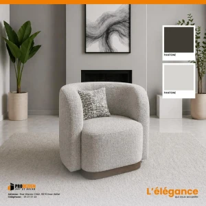 Fauteuil Boucle Gris Argenté 1 Place – Design Organique Socle Bois Foncé